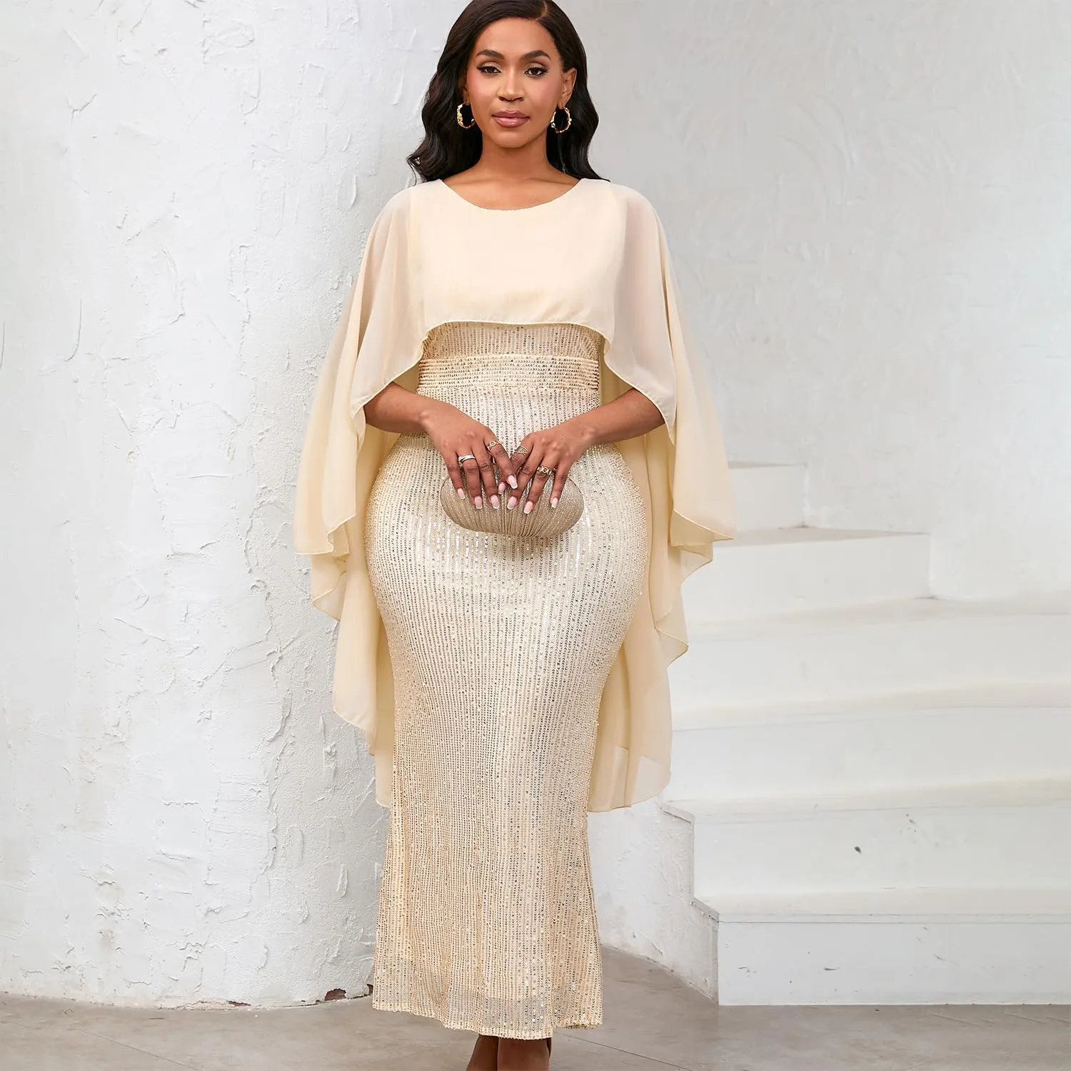 Elegant Party Maxi Dress for Women Solid Sequin Patchwork Chiffon Cape Sleeves Bodycon Pencil Evening Wedding Dress