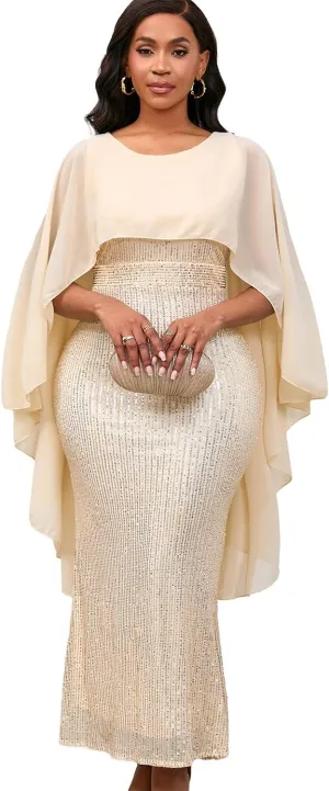 Elegant Party Maxi Dress for Women Solid Sequin Patchwork Chiffon Cape Sleeves Bodycon Pencil Evening Wedding Dress
