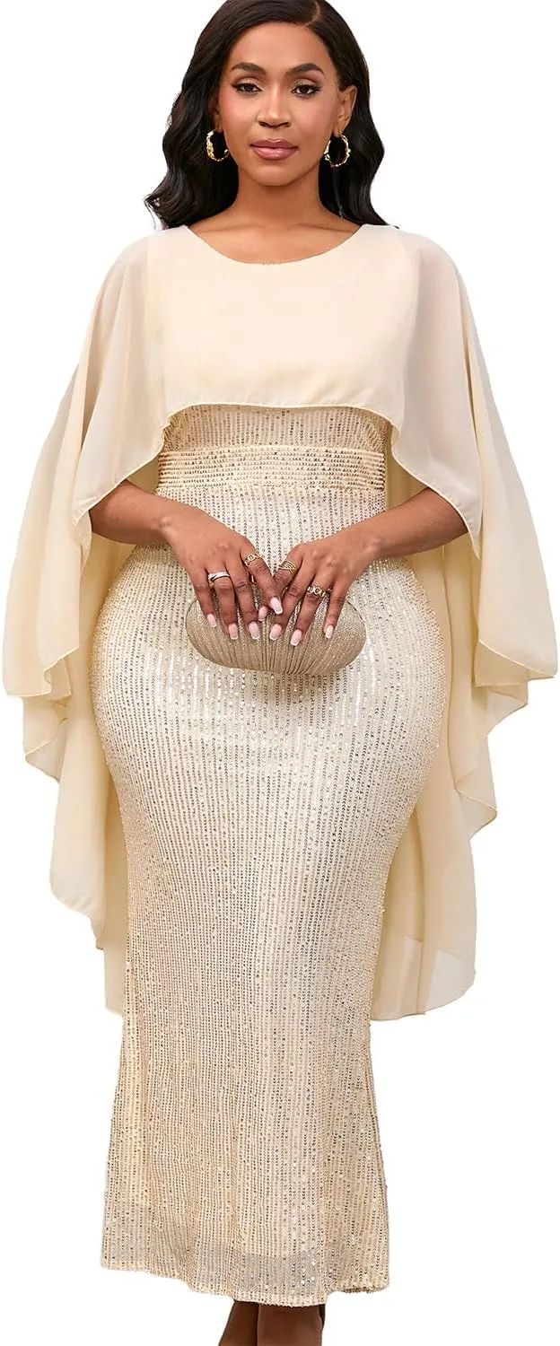 Elegant Party Maxi Dress for Women Solid Sequin Patchwork Chiffon Cape Sleeves Bodycon Pencil Evening Wedding Dress