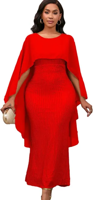 Elegant Party Maxi Dress for Women Solid Sequin Patchwork Chiffon Cape Sleeves Bodycon Pencil Evening Wedding Dress