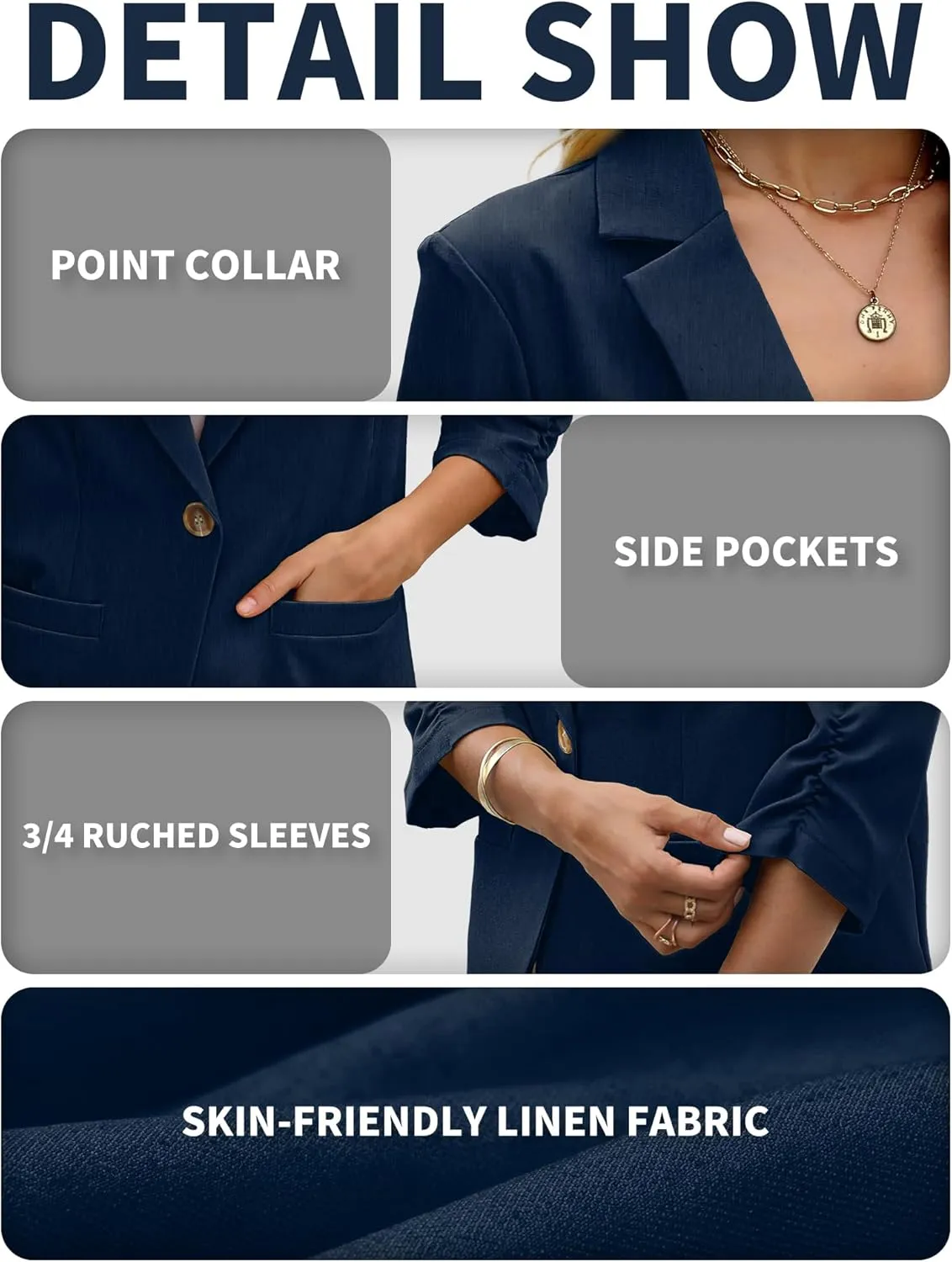 ELLEVEN Women's Linen Blazer 3/4 Ruched Sleeves, Lightweight Slim Fit Jackets with Pockets Half Lining