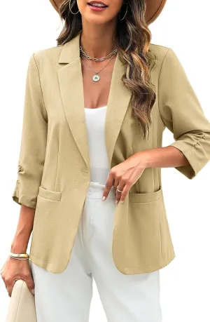 ELLEVEN Women's Linen Blazer 3/4 Ruched Sleeves, Lightweight Slim Fit Jackets with Pockets Half Lining