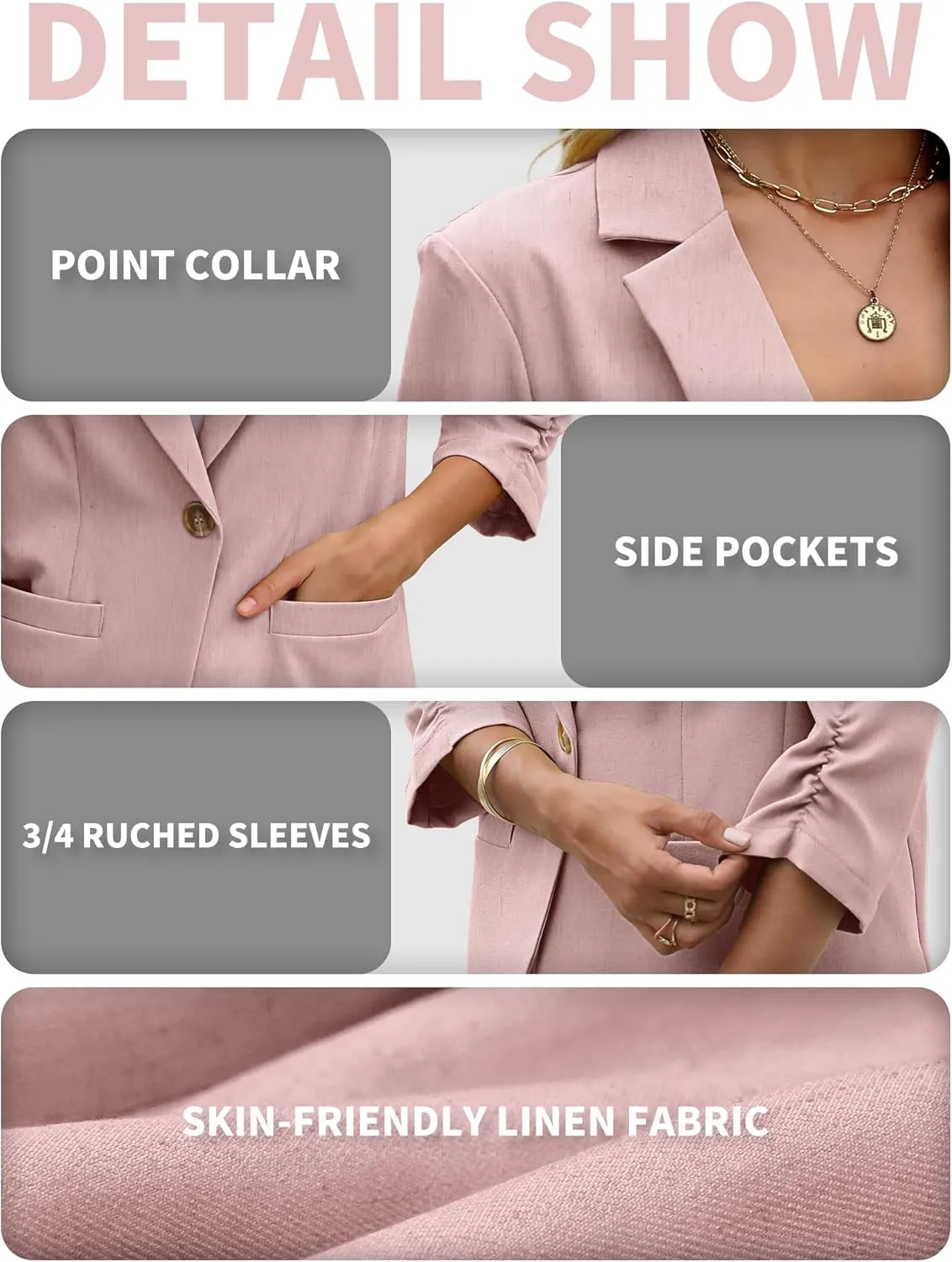 ELLEVEN Women's Linen Blazer 3/4 Ruched Sleeves, Lightweight Slim Fit Jackets with Pockets Half Lining