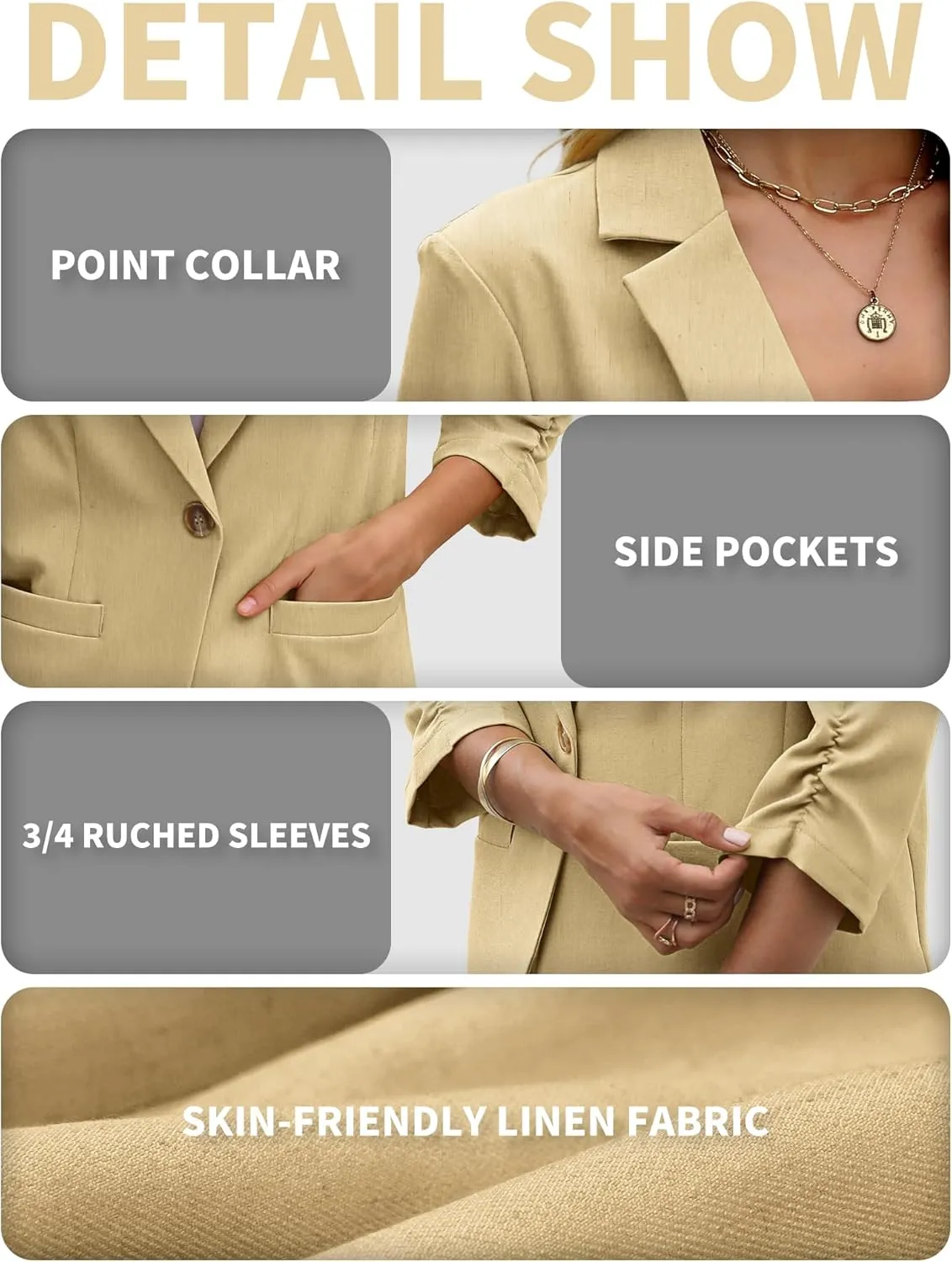 ELLEVEN Women's Linen Blazer 3/4 Ruched Sleeves, Lightweight Slim Fit Jackets with Pockets Half Lining