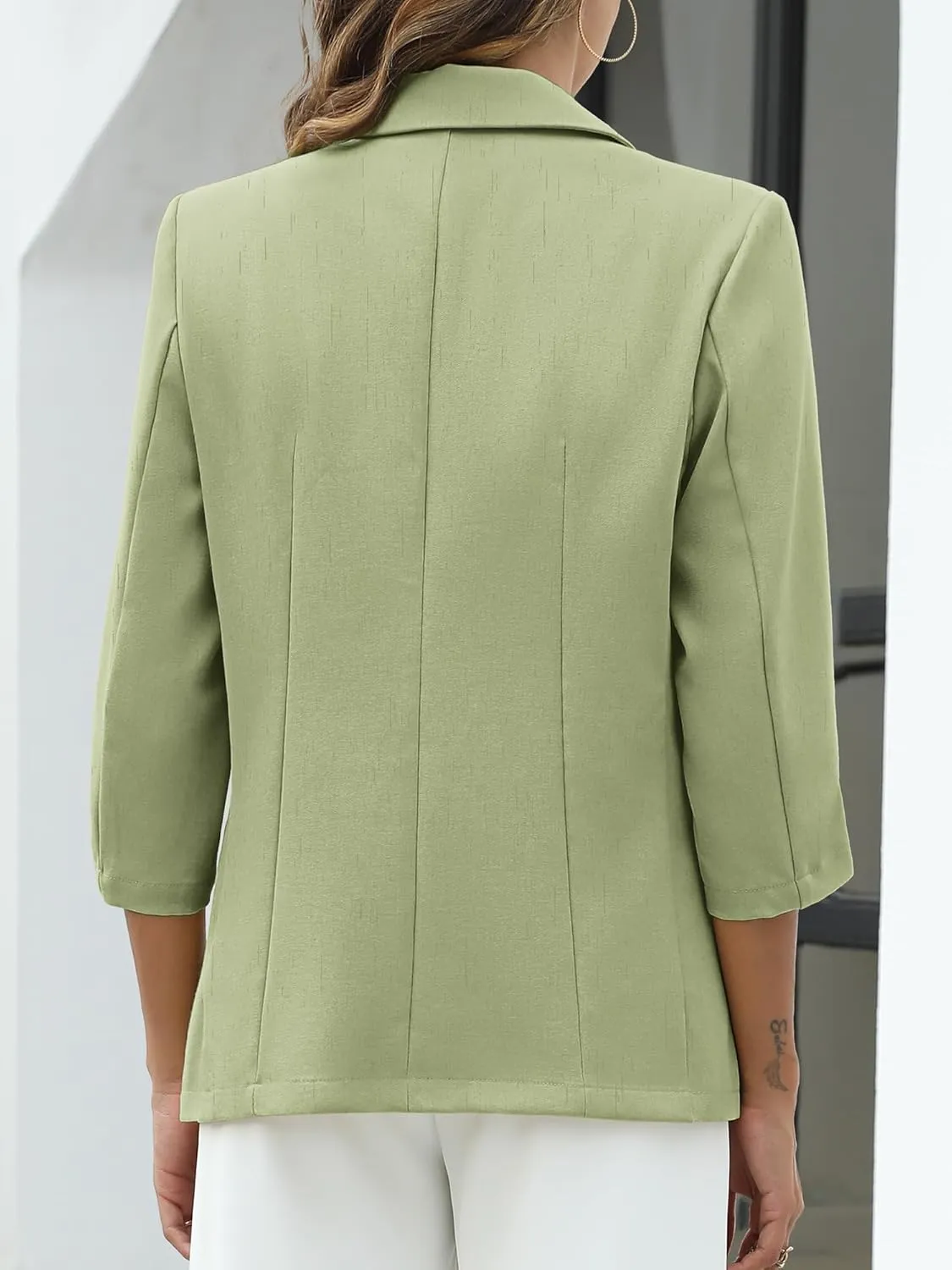 ELLEVEN Women's Linen Blazer 3/4 Ruched Sleeves, Lightweight Slim Fit Jackets with Pockets Half Lining