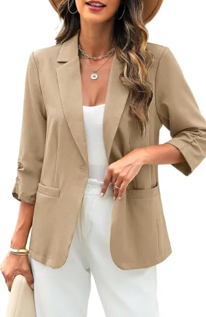 ELLEVEN Women's Linen Blazer 3/4 Ruched Sleeves, Lightweight Slim Fit Jackets with Pockets Half Lining