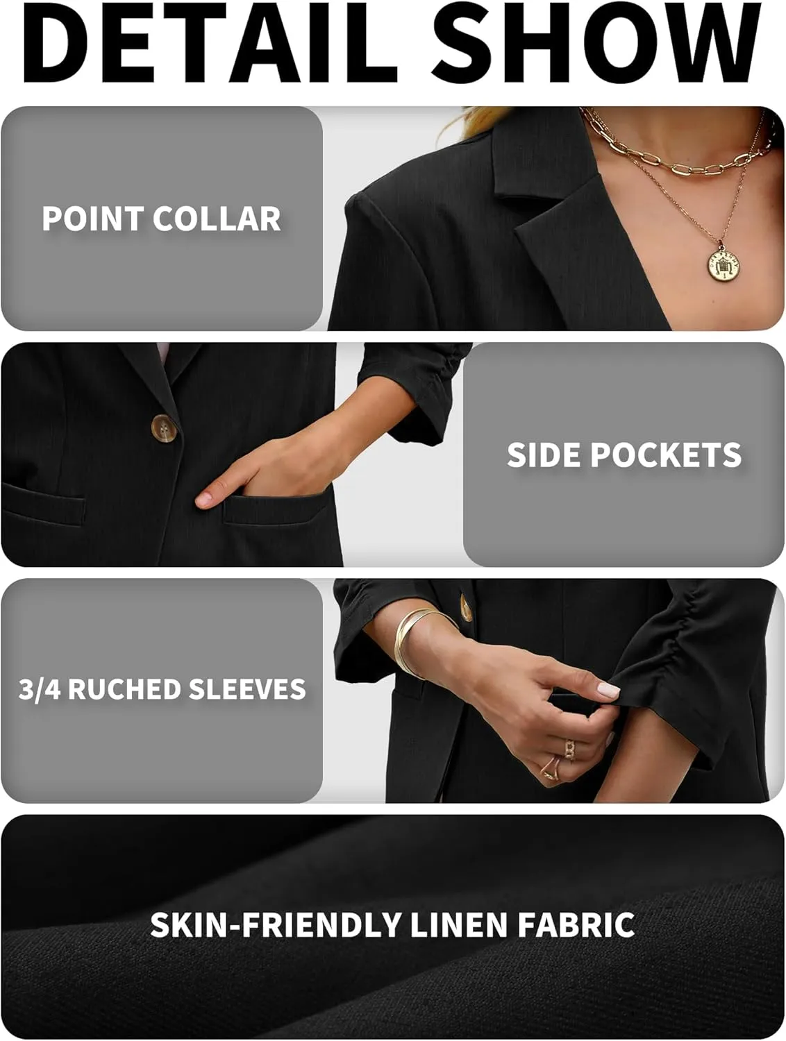 ELLEVEN Women's Linen Blazer 3/4 Ruched Sleeves, Lightweight Slim Fit Jackets with Pockets Half Lining