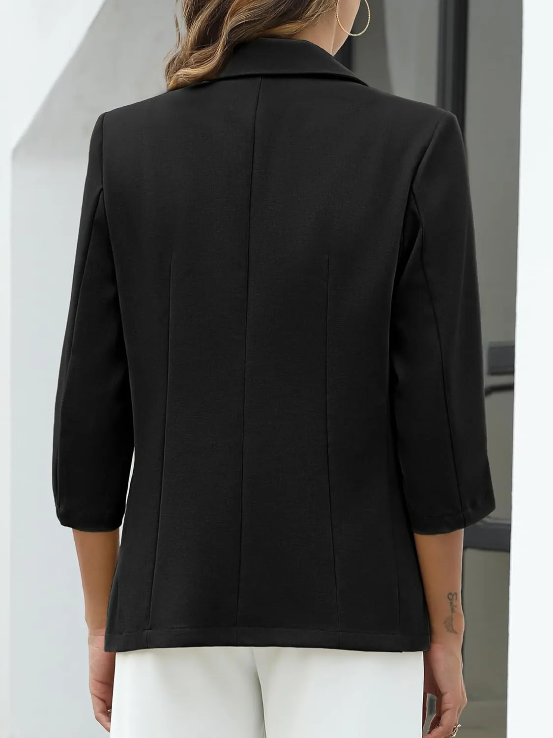 ELLEVEN Women's Linen Blazer 3/4 Ruched Sleeves, Lightweight Slim Fit Jackets with Pockets Half Lining
