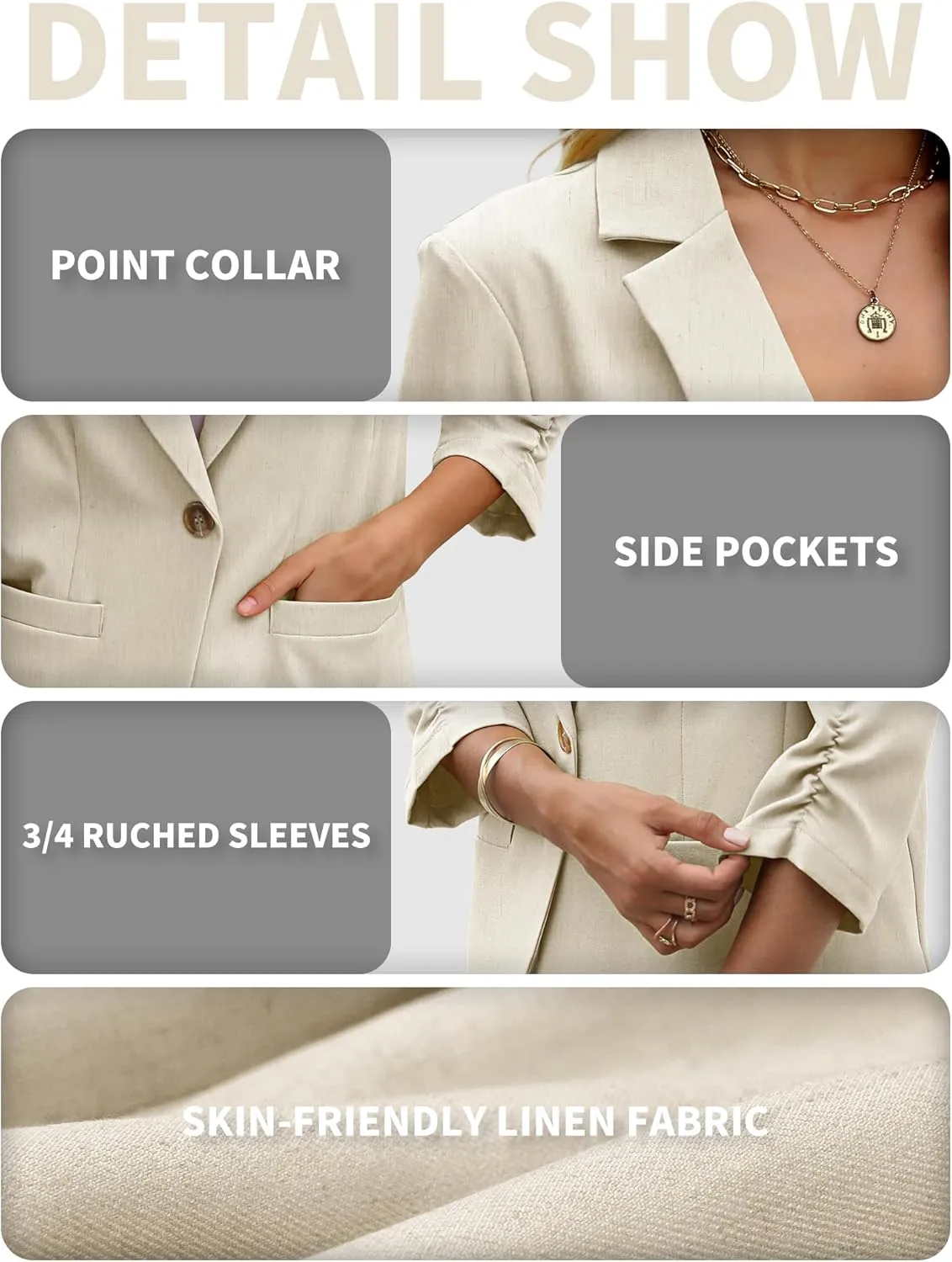 ELLEVEN Women's Linen Blazer 3/4 Ruched Sleeves, Lightweight Slim Fit Jackets with Pockets Half Lining