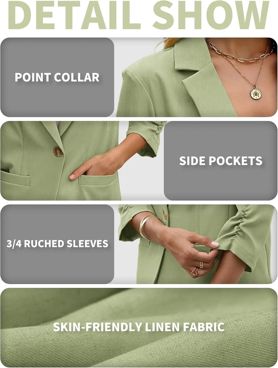 ELLEVEN Women's Linen Blazer 3/4 Ruched Sleeves, Lightweight Slim Fit Jackets with Pockets Half Lining