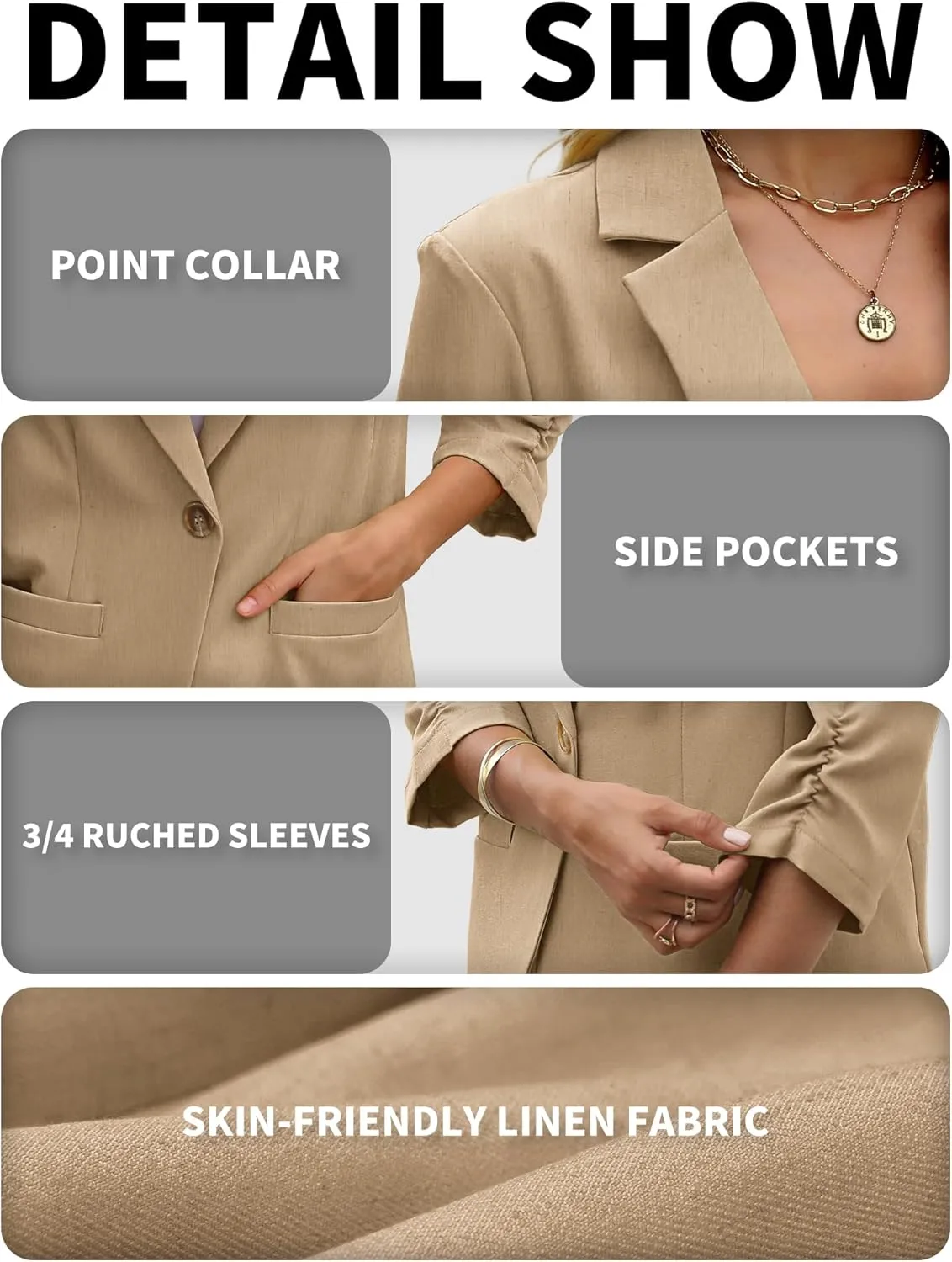 ELLEVEN Women's Linen Blazer 3/4 Ruched Sleeves, Lightweight Slim Fit Jackets with Pockets Half Lining
