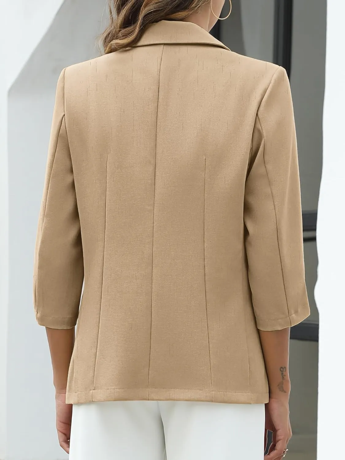 ELLEVEN Women's Linen Blazer 3/4 Ruched Sleeves, Lightweight Slim Fit Jackets with Pockets Half Lining