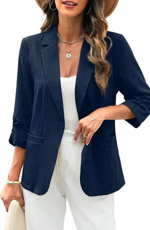 ELLEVEN Women's Linen Blazer 3/4 Ruched Sleeves, Lightweight Slim Fit Jackets with Pockets Half Lining