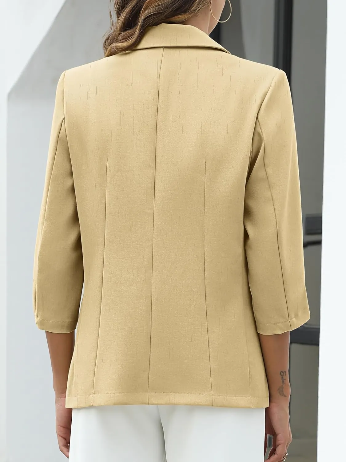 ELLEVEN Women's Linen Blazer 3/4 Ruched Sleeves, Lightweight Slim Fit Jackets with Pockets Half Lining