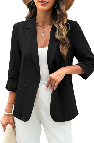 ELLEVEN Women's Linen Blazer 3/4 Ruched Sleeves, Lightweight Slim Fit Jackets with Pockets Half Lining