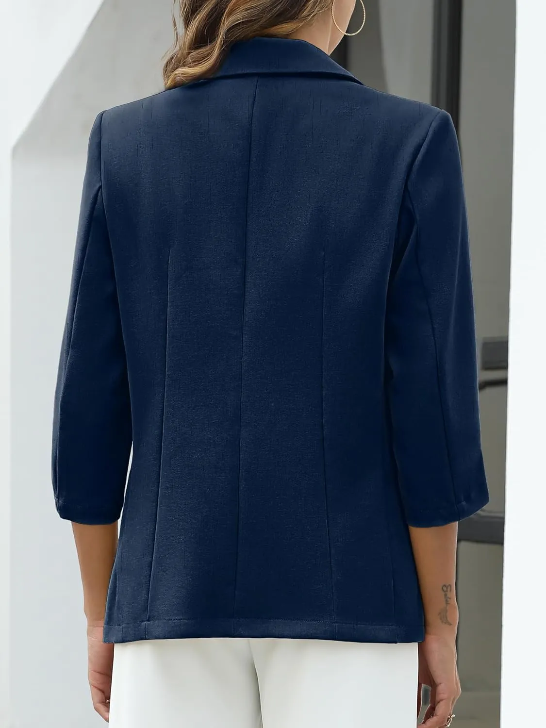 ELLEVEN Women's Linen Blazer 3/4 Ruched Sleeves, Lightweight Slim Fit Jackets with Pockets Half Lining