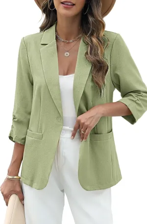 ELLEVEN Women's Linen Blazer 3/4 Ruched Sleeves, Lightweight Slim Fit Jackets with Pockets Half Lining