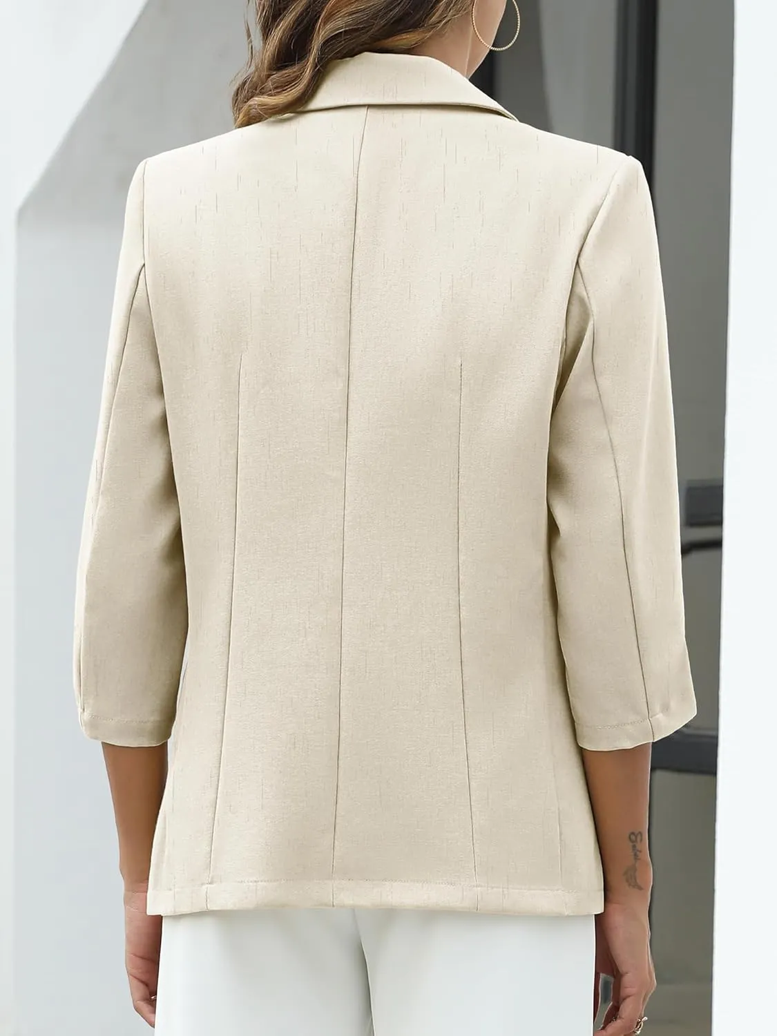 ELLEVEN Women's Linen Blazer 3/4 Ruched Sleeves, Lightweight Slim Fit Jackets with Pockets Half Lining