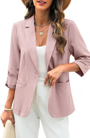 ELLEVEN Women's Linen Blazer 3/4 Ruched Sleeves, Lightweight Slim Fit Jackets with Pockets Half Lining