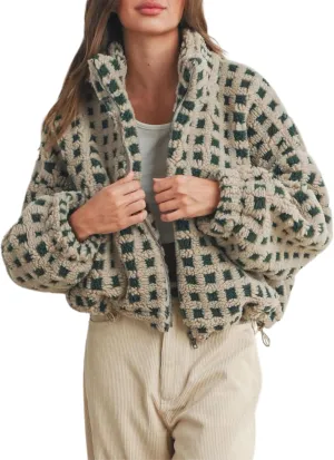 Esmeling Womens Long Sleeve Cropped Sherpa Fleece Plaid Jacket Casual Chunky Teddy Fleece Outerwear
