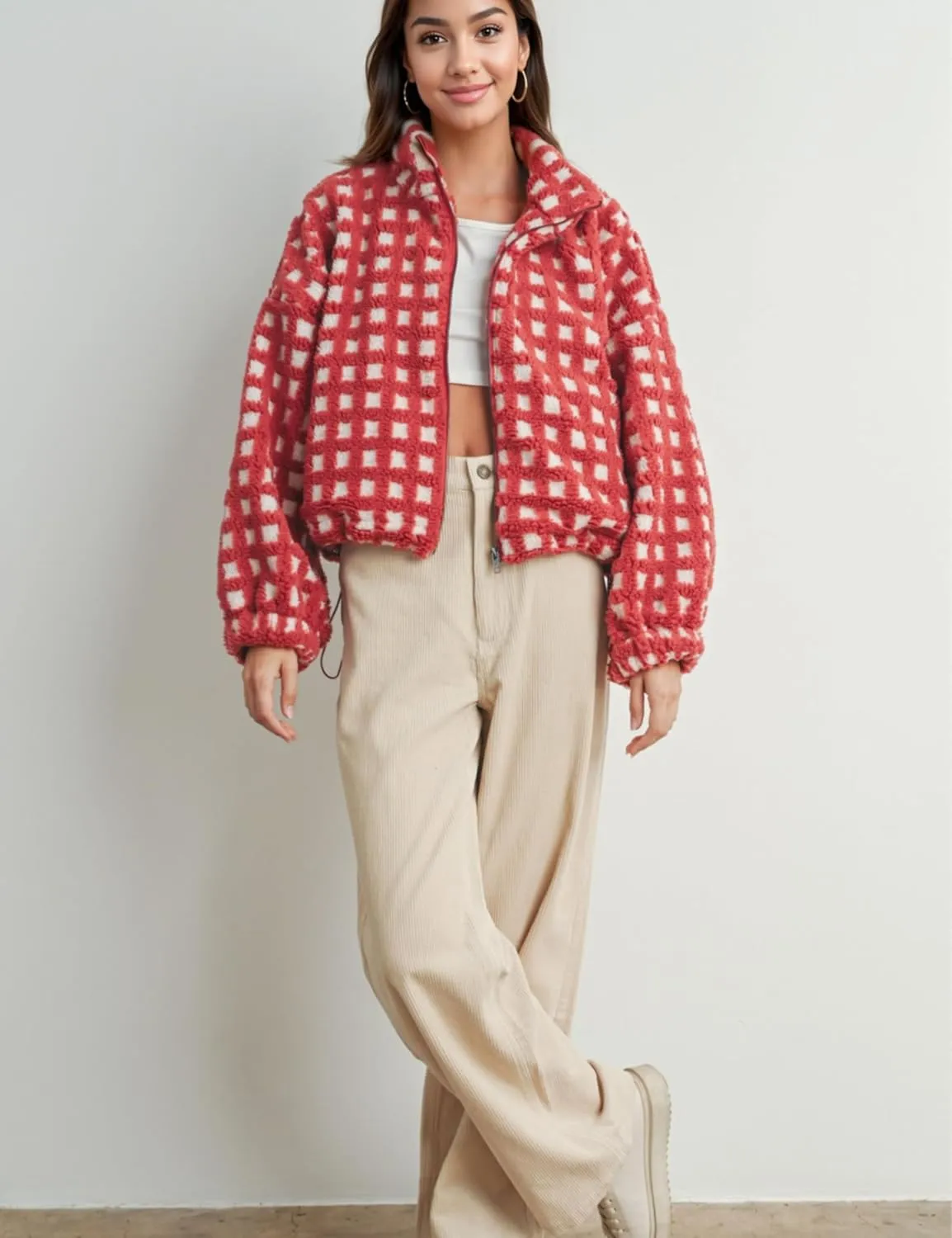 Esmeling Womens Long Sleeve Cropped Sherpa Fleece Plaid Jacket Casual Chunky Teddy Fleece Outerwear