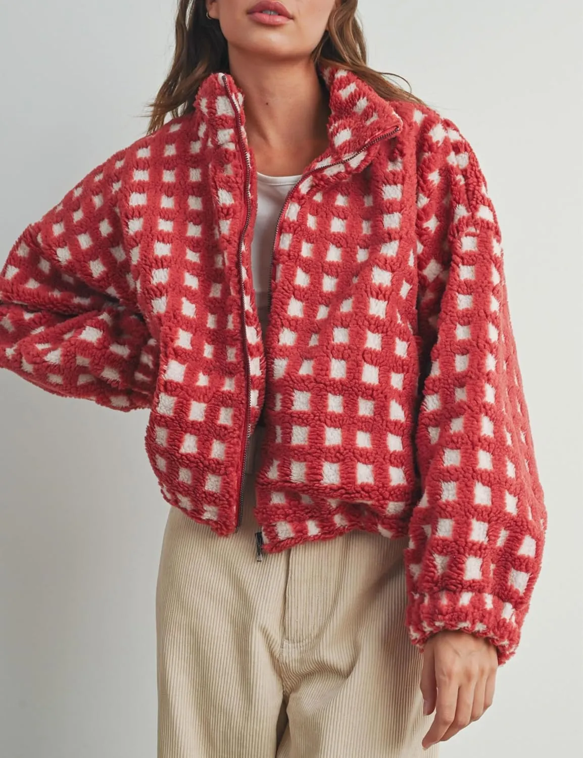 Esmeling Womens Long Sleeve Cropped Sherpa Fleece Plaid Jacket Casual Chunky Teddy Fleece Outerwear