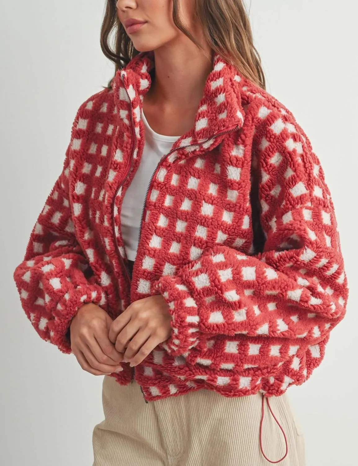 Esmeling Womens Long Sleeve Cropped Sherpa Fleece Plaid Jacket Casual Chunky Teddy Fleece Outerwear