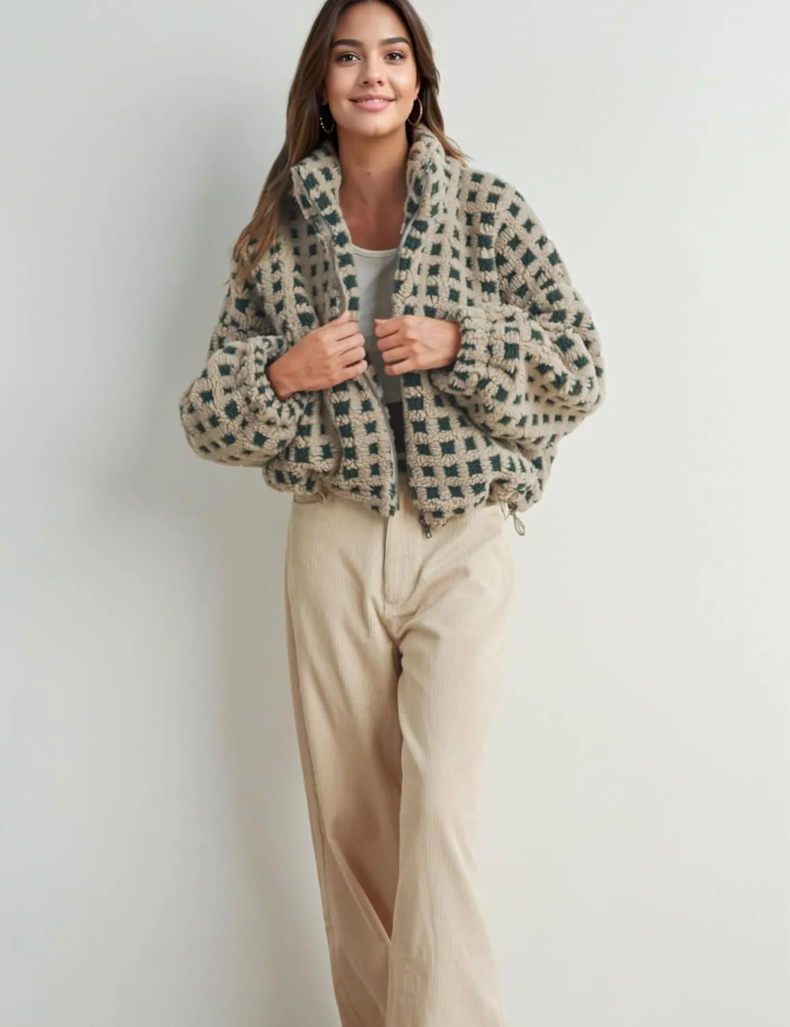Esmeling Womens Long Sleeve Cropped Sherpa Fleece Plaid Jacket Casual Chunky Teddy Fleece Outerwear