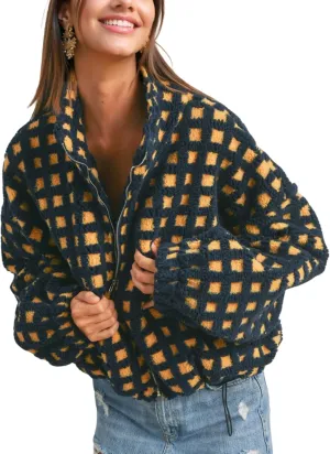 Esmeling Womens Long Sleeve Cropped Sherpa Fleece Plaid Jacket Casual Chunky Teddy Fleece Outerwear