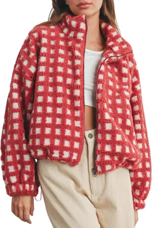Esmeling Womens Long Sleeve Cropped Sherpa Fleece Plaid Jacket Casual Chunky Teddy Fleece Outerwear