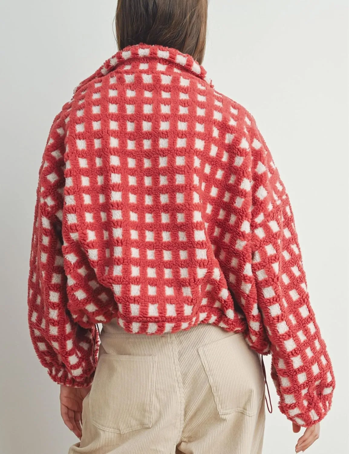 Esmeling Womens Long Sleeve Cropped Sherpa Fleece Plaid Jacket Casual Chunky Teddy Fleece Outerwear