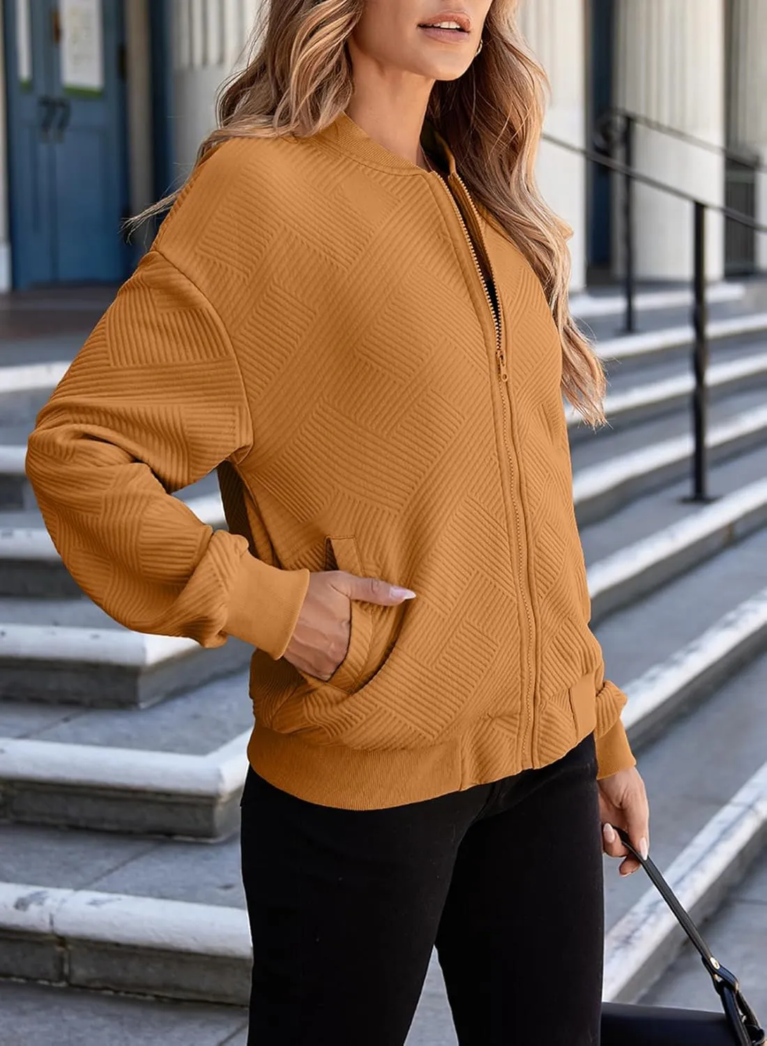 EVALESS Womens Bomber Jacket Coat Casual Stand Collar Zip Up Lightweight Fall Fashion Jackets Outfits with Pockets