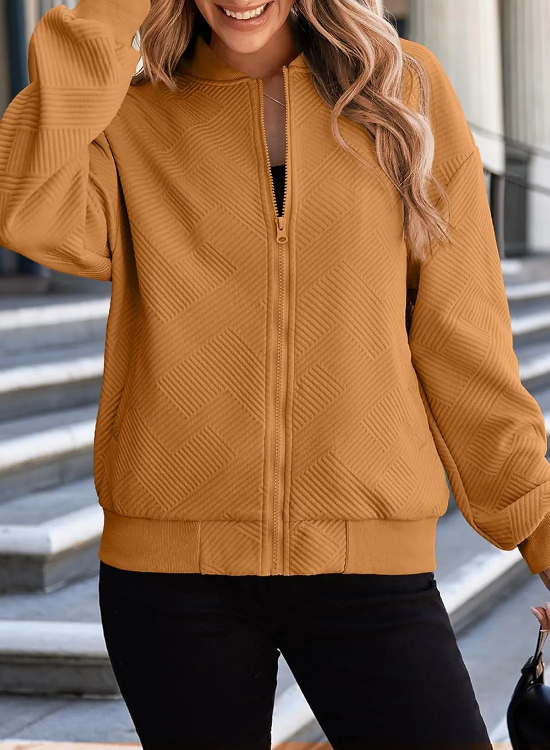 EVALESS Womens Bomber Jacket Coat Casual Stand Collar Zip Up Lightweight Fall Fashion Jackets Outfits with Pockets