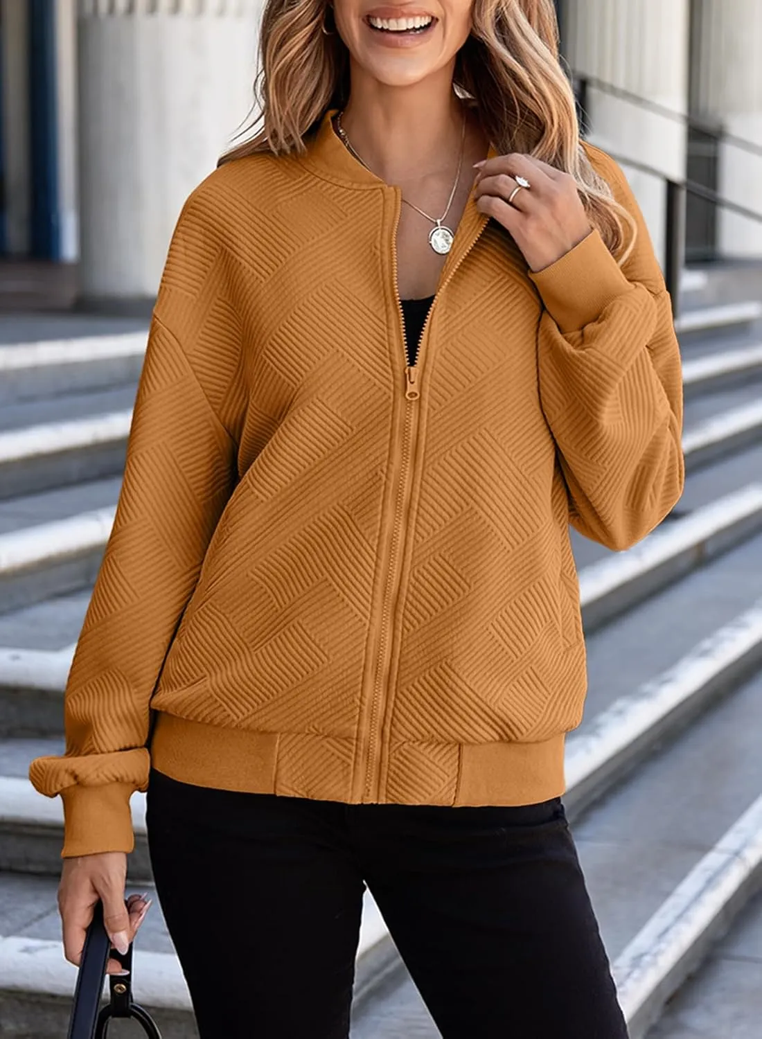EVALESS Womens Bomber Jacket Coat Casual Stand Collar Zip Up Lightweight Fall Fashion Jackets Outfits with Pockets