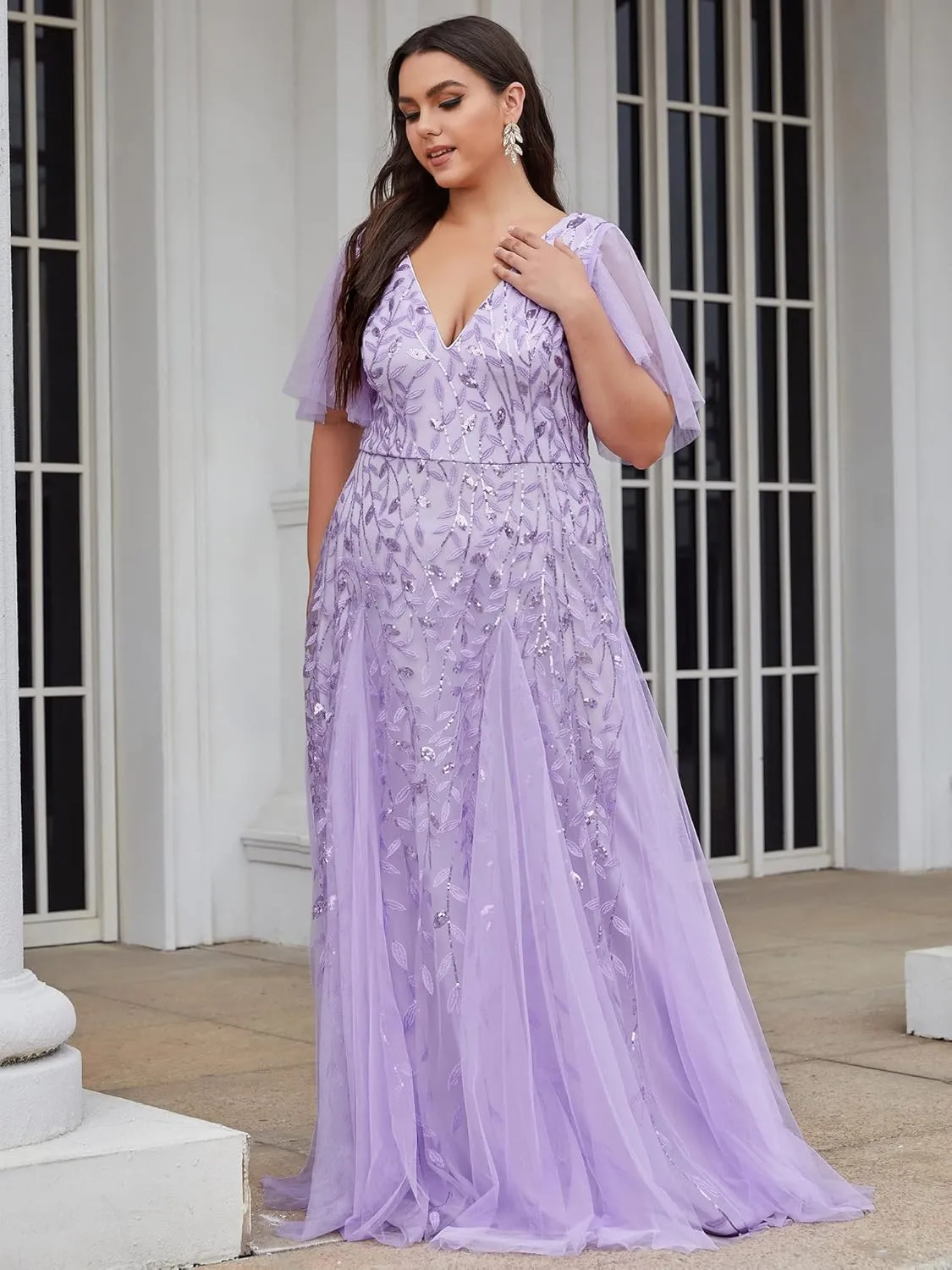 Ever-Pretty Womens Plus Size V-Neck Sequin Emboridery Formal Evening Dresses with Sleeves 00736-DA