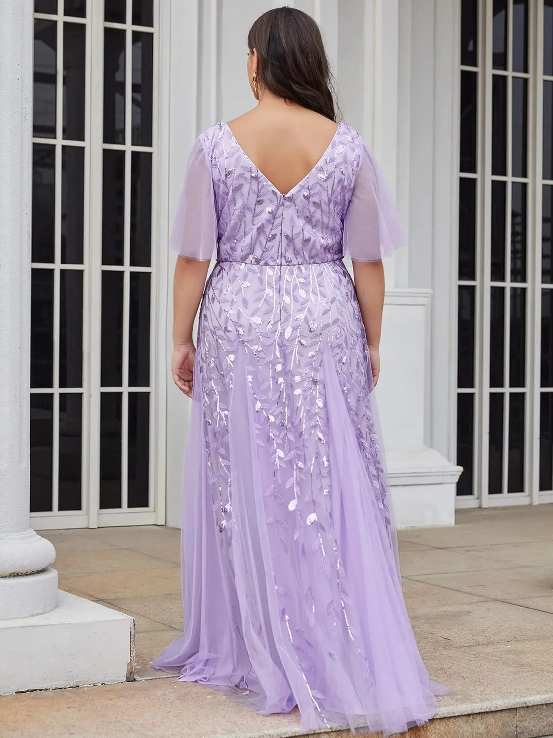Ever-Pretty Womens Plus Size V-Neck Sequin Emboridery Formal Evening Dresses with Sleeves 00736-DA