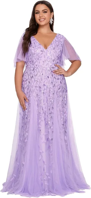 Ever-Pretty Womens Plus Size V-Neck Sequin Emboridery Formal Evening Dresses with Sleeves 00736-DA
