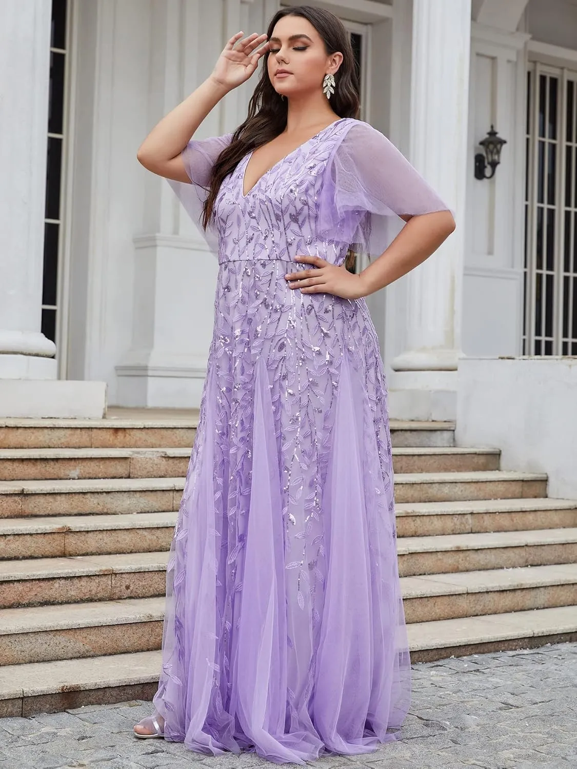 Ever-Pretty Womens Plus Size V-Neck Sequin Emboridery Formal Evening Dresses with Sleeves 00736-DA