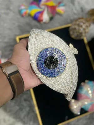 Evil Eye Shape Crystal Clutch Wedding Purses Women Evening Bag Rhinestone Handbags, Silver