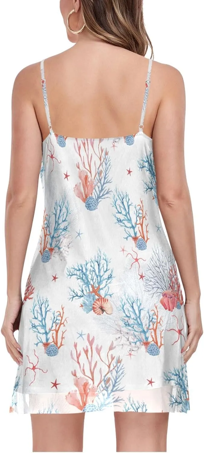 Exnundod Women Spaghetti Strap Dresses Casual Mini Dress Ocean Animals Sleeveless Sundress V Neck Beach Short Dress S-XXL