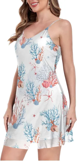 Exnundod Women Spaghetti Strap Dresses Casual Mini Dress Ocean Animals Sleeveless Sundress V Neck Beach Short Dress S-XXL