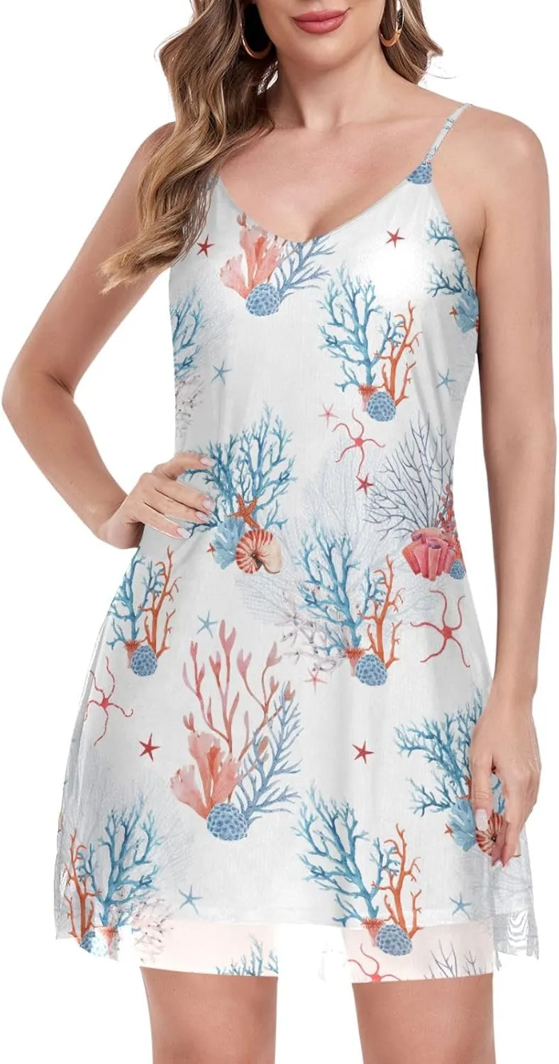 Exnundod Women Spaghetti Strap Dresses Casual Mini Dress Ocean Animals Sleeveless Sundress V Neck Beach Short Dress S-XXL
