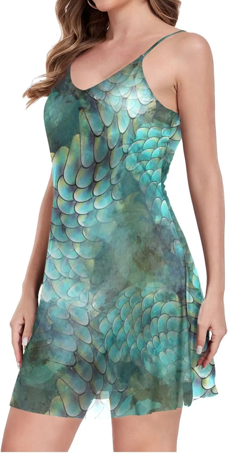 Exnundod Women Summer Dresses Magical Scales Wave Casual Mini Dress Mermaid Skin Sleeveless Sundress S-XXL
