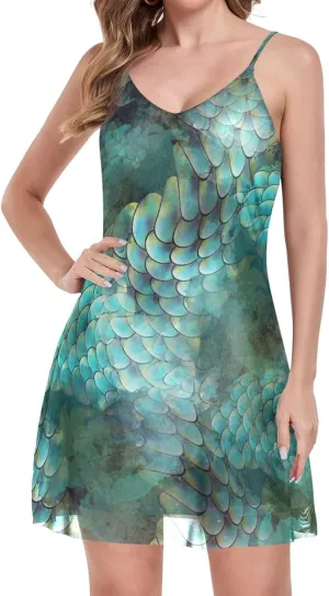Exnundod Women Summer Dresses Magical Scales Wave Casual Mini Dress Mermaid Skin Sleeveless Sundress S-XXL