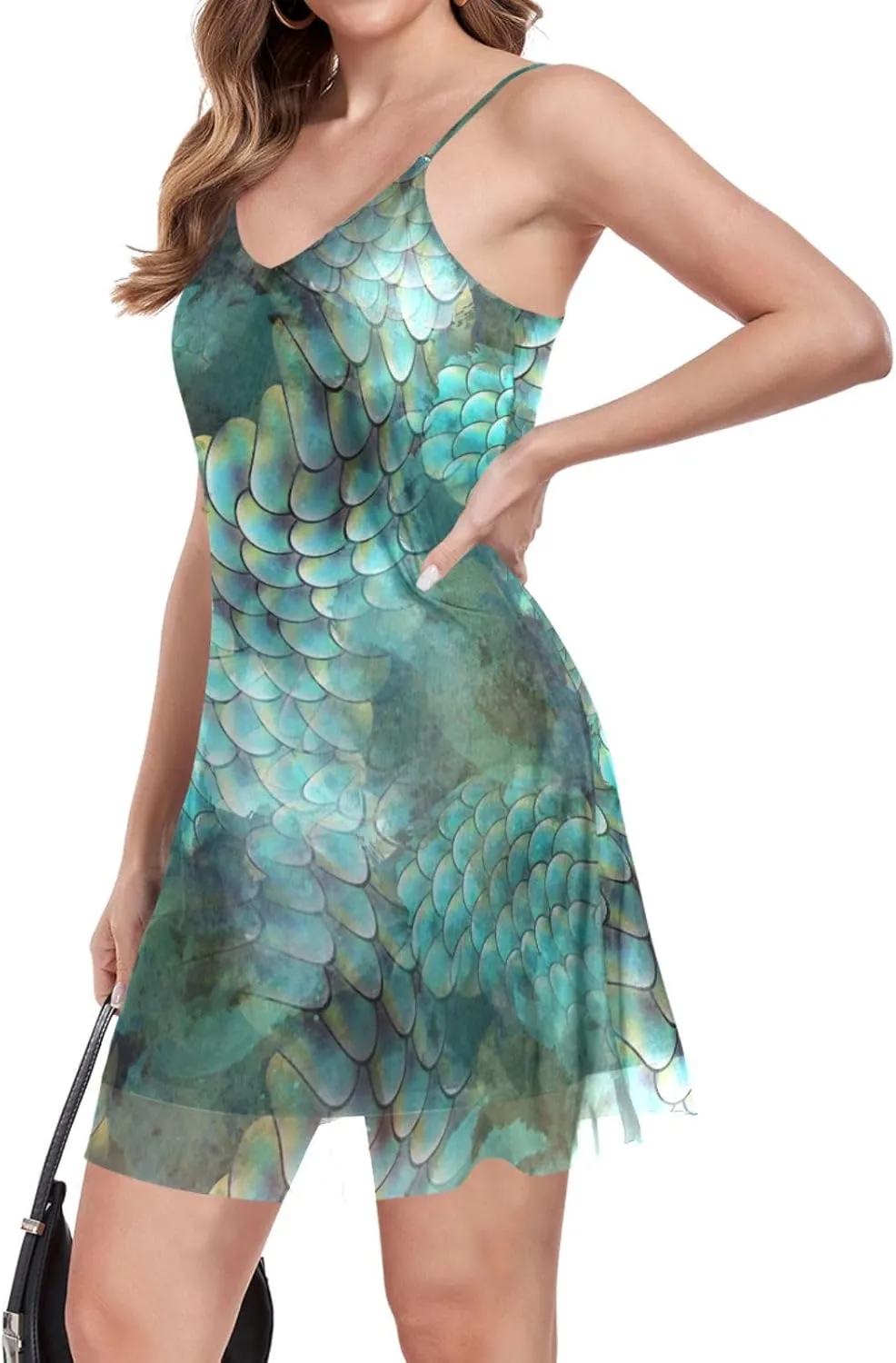 Exnundod Women Summer Dresses Magical Scales Wave Casual Mini Dress Mermaid Skin Sleeveless Sundress S-XXL