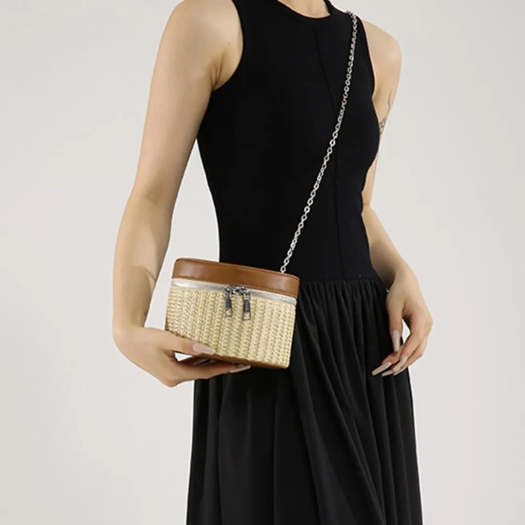 Eye Catching Woven Box Bag Delicate Shoulder Bags Straw Bucket Bag Crossbody Purse PU Leather Handbag For Women