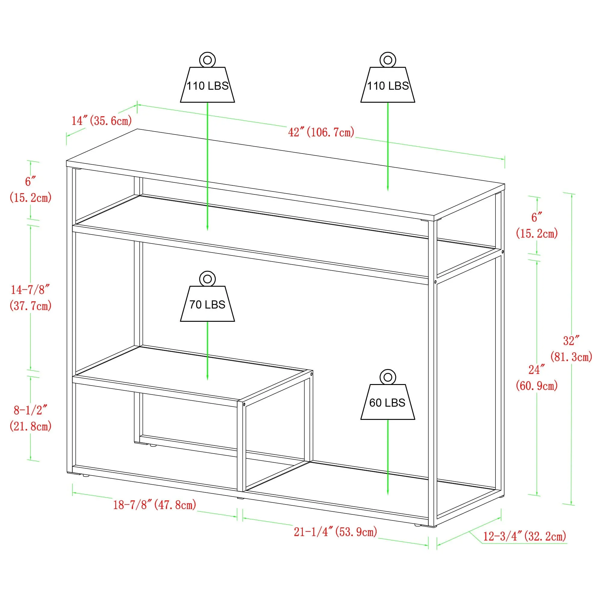Fasi 42" Metal and Wood Entry Table with Tiered Shelves