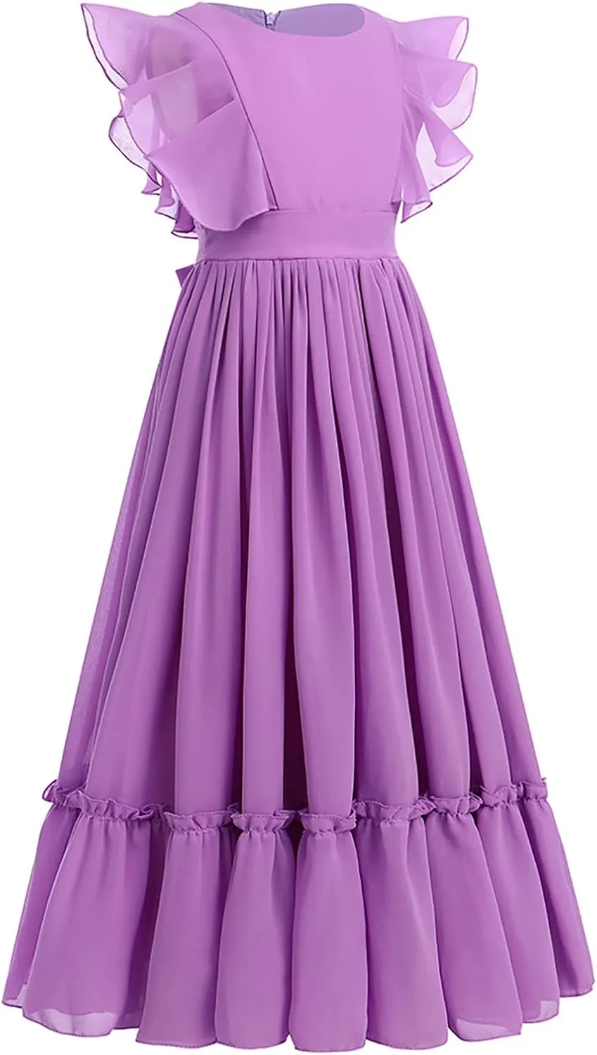 Flower Girl Flowy Ruffle Chiffon Trim A-Line Dress for Kid Wedding Junior Bridesmaid Communion Party Pageant Maxi Belted Gown