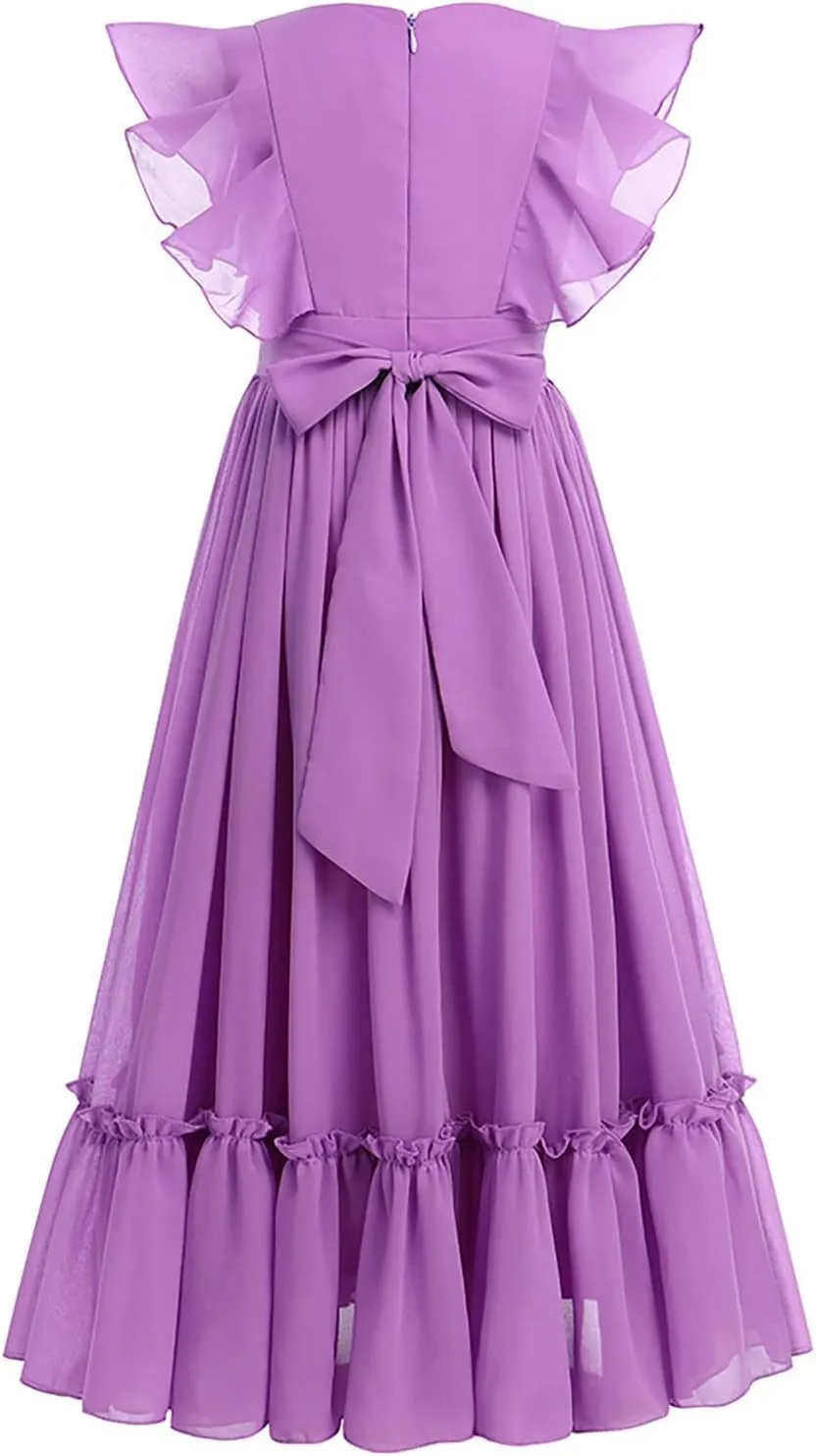 Flower Girl Flowy Ruffle Chiffon Trim A-Line Dress for Kid Wedding Junior Bridesmaid Communion Party Pageant Maxi Belted Gown