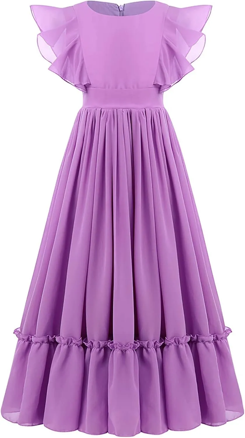 Flower Girl Flowy Ruffle Chiffon Trim A-Line Dress for Kid Wedding Junior Bridesmaid Communion Party Pageant Maxi Belted Gown